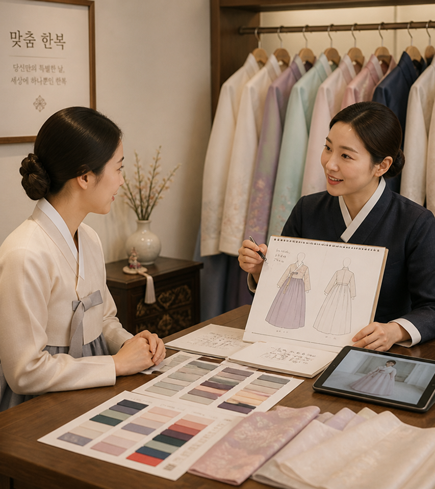 A consultation between a tailor and a client at the atelier
