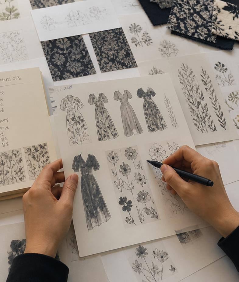 Fabric swatches and sketches laid out for design selection