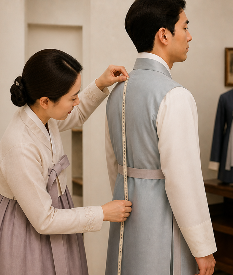 A tailor taking measurements against folded fabric