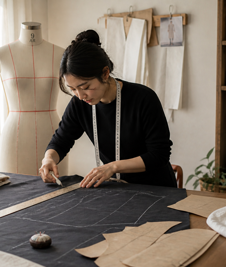 Hands hand-stitching a garment in progress