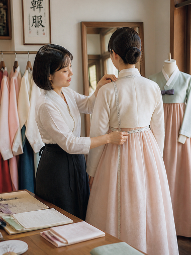 A finished hanbok hanging in the studio
