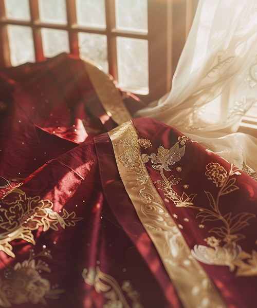 A hanbok in deep red, made the traditional way