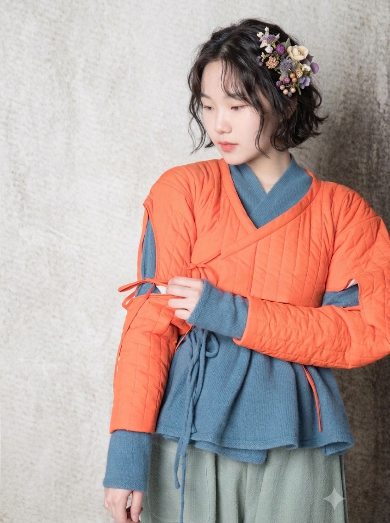 2019 collection — an orange quilted jeogori over a blue skirt, flowers pinned in the hair