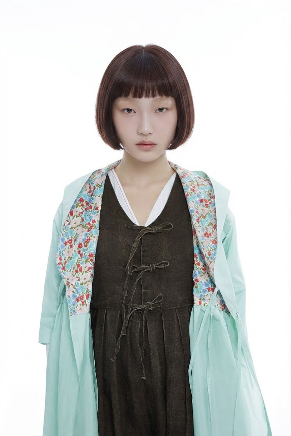 A model in a mint sheer coat over a dark linen dress