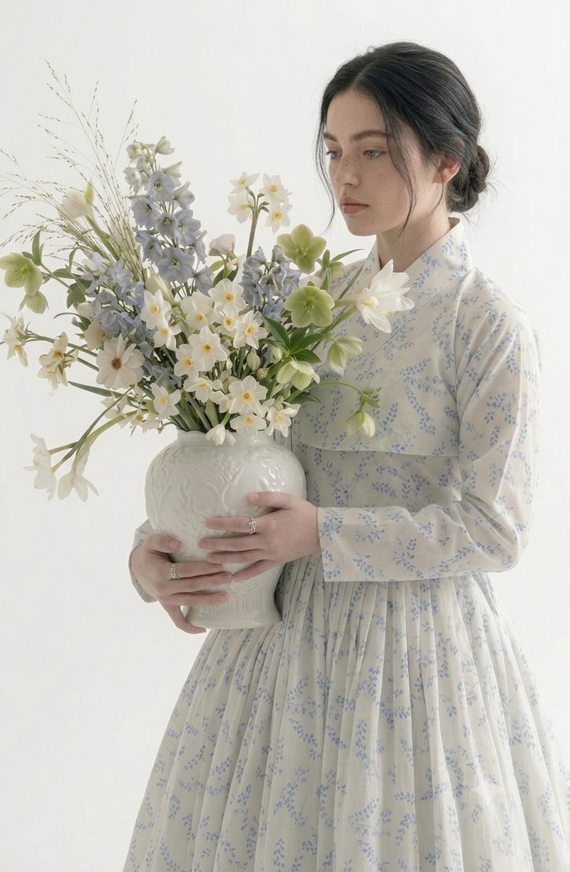 A model in an embroidered grey dress holding a vase of dried flowers