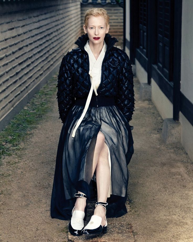 Tilda Swinton wearing a Tchai Kim look for a Vogue Korea editorial