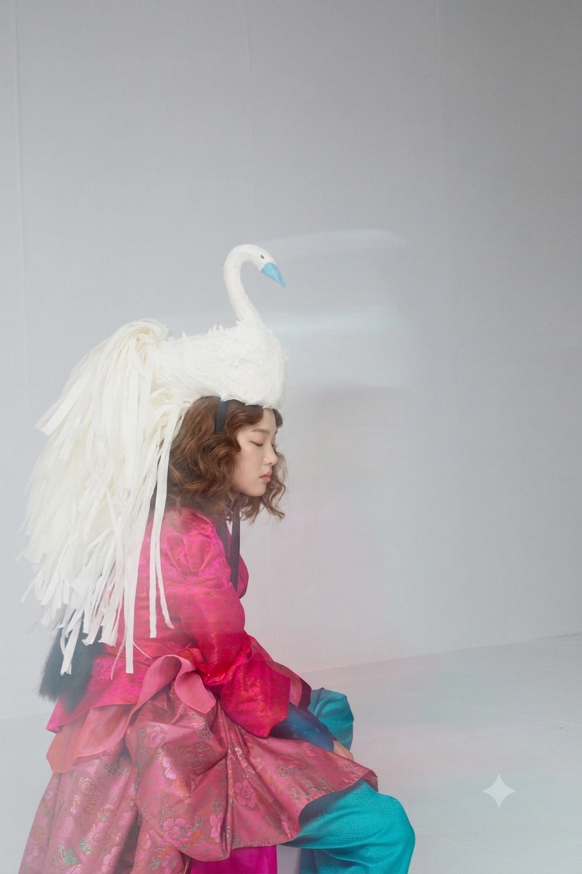 A model in a layered pink hanbok dress seated beside a white swan
