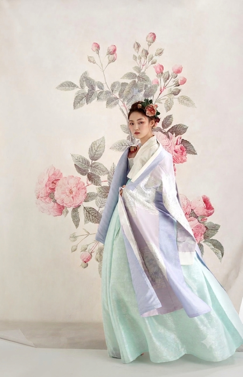A model in a pastel hanbok standing against a hand-painted peony backdrop