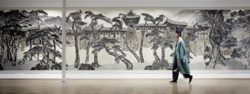A man in a hanbok coat walking past a large ink landscape painting in a gallery