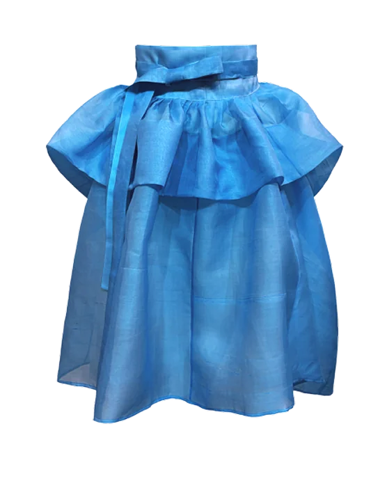 A blue silk ruffled vest dress