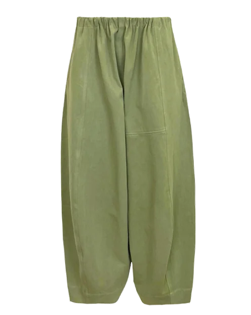 A pair of olive green wide trousers