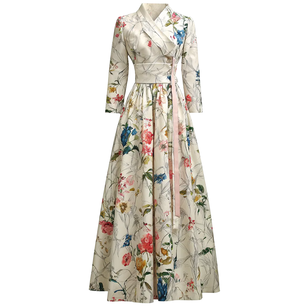 Cheollik, a pleated robe dress in a watercolor floral print