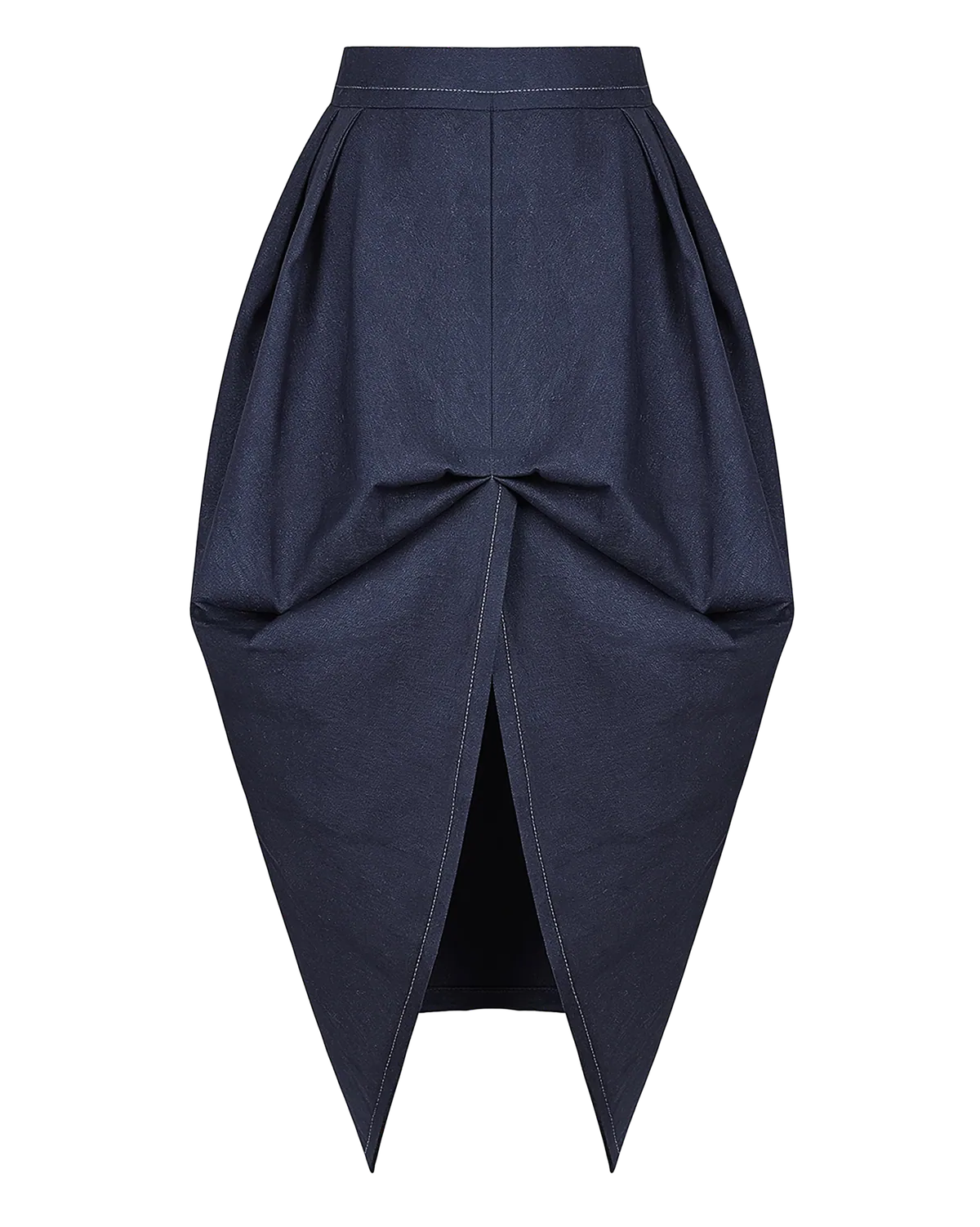 Geodeul, a hitched-up long denim skirt