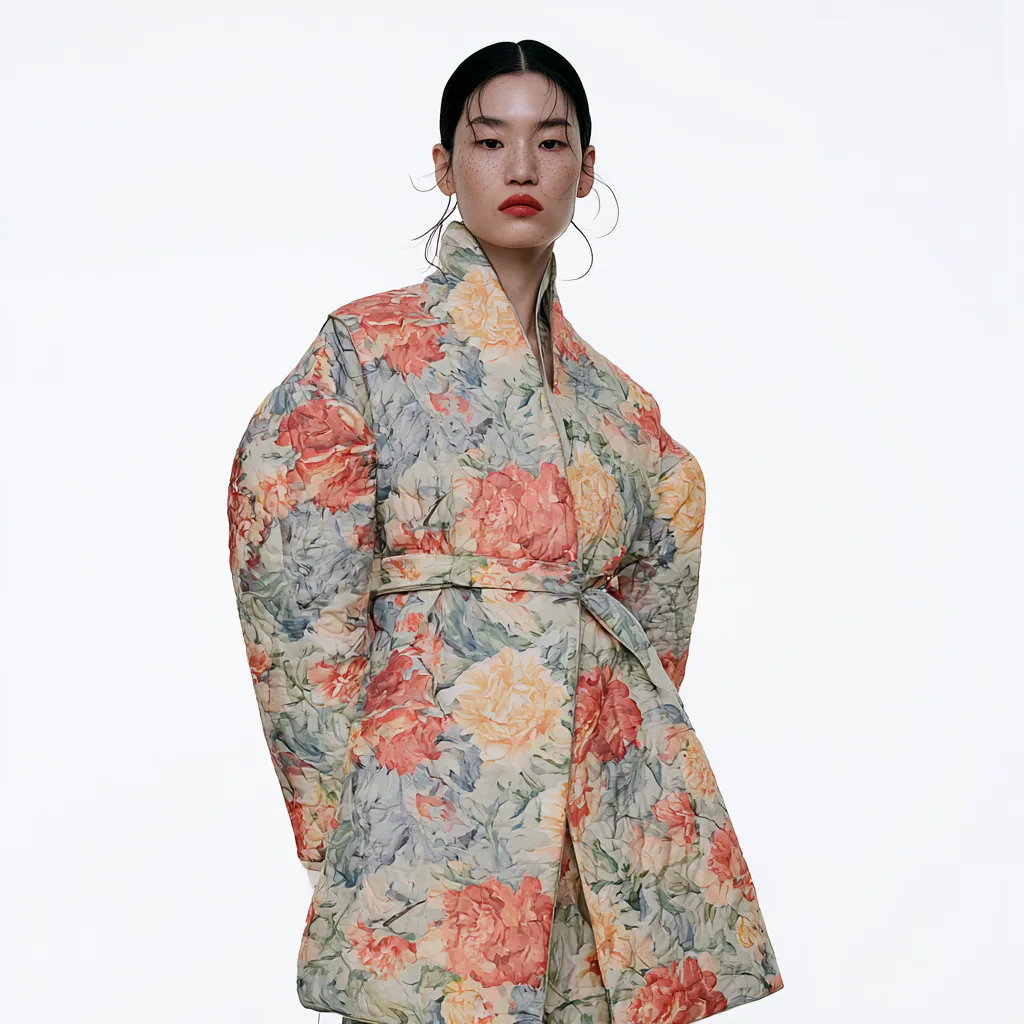 A model wearing the Flower Quilted Jeogori, a quilted jacket in a watercolor zinnia print with a wrap tie